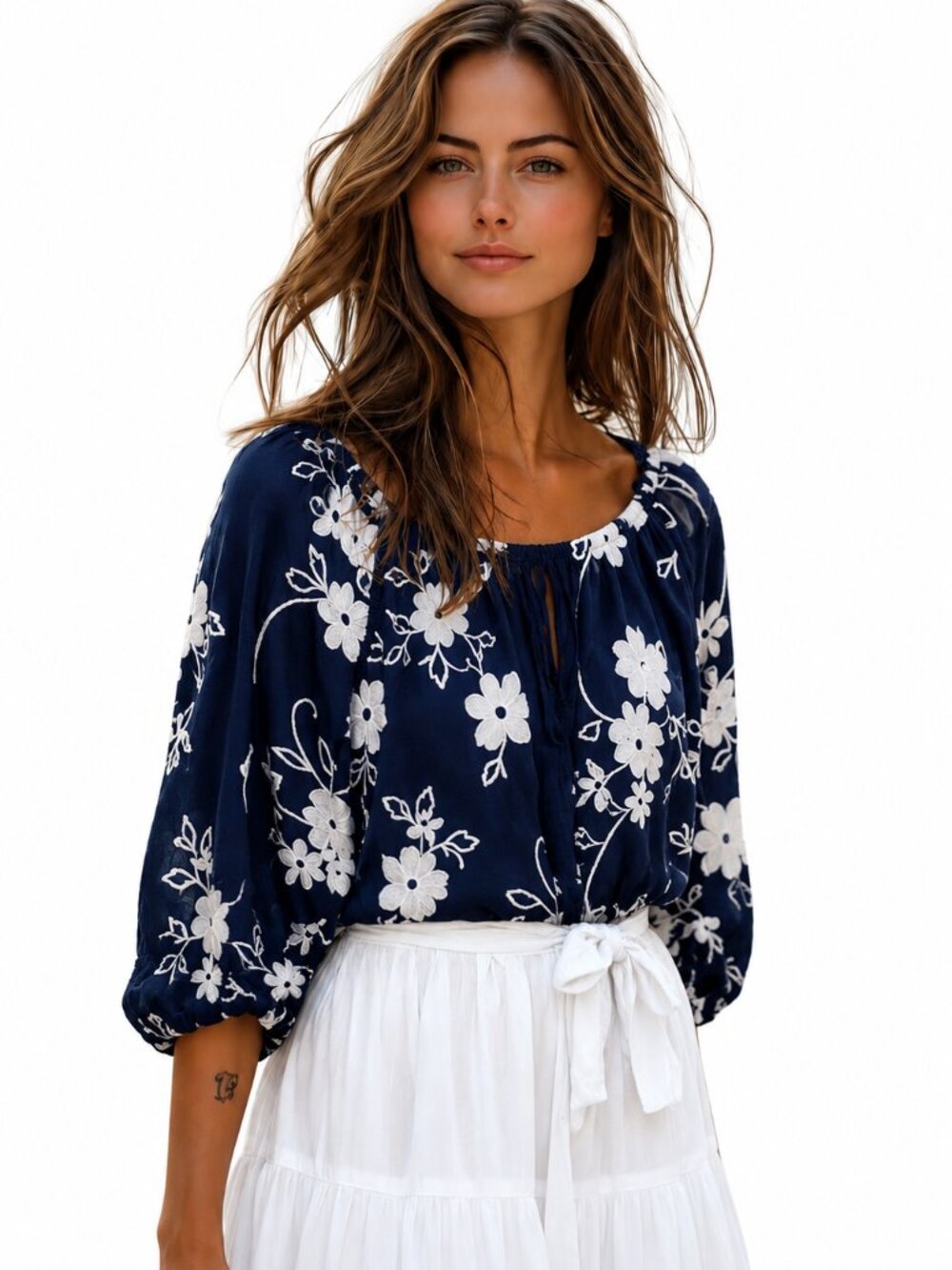 Embroidered blouse white on navy, cotton rich (85%), oversized (flaw)